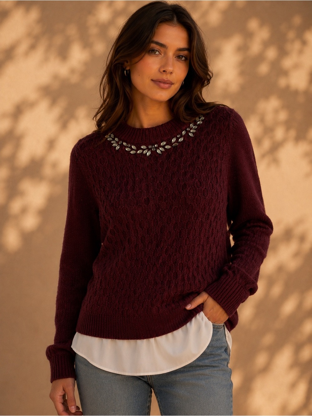 Simply Vera Vera Wang Jewel-Embellished Cable-Knit Sweater in Burgundy